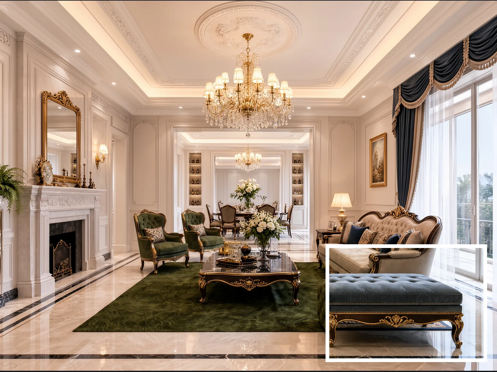 a clear furnished-room image and a target fabric reference example